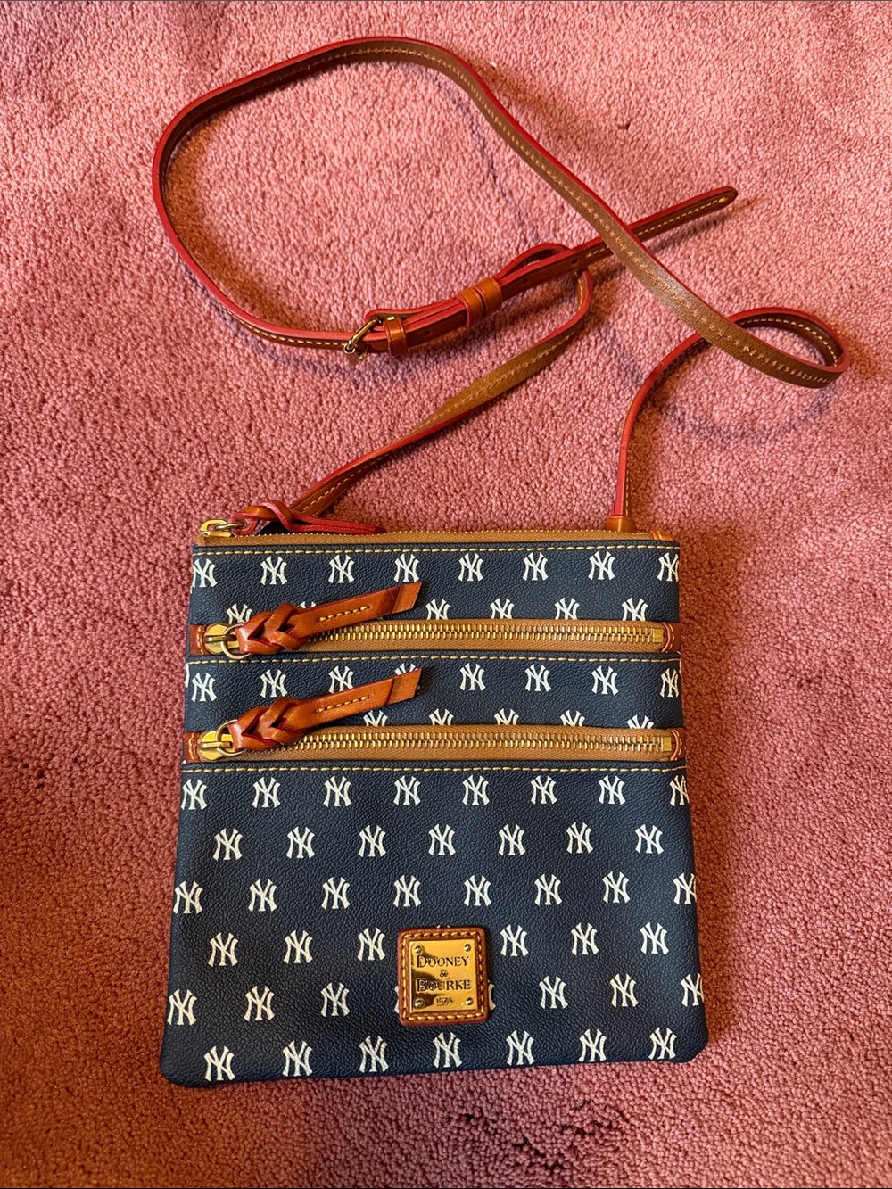 Dooney & Bourke Navy and White NY Yankees MLB Logo Crossbody with Brown Trim